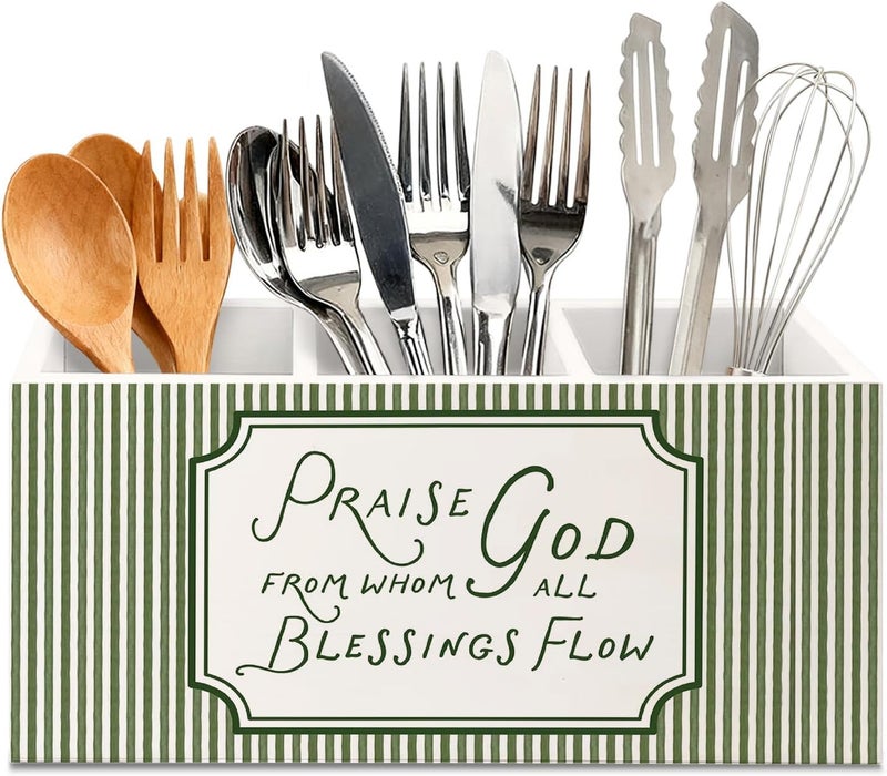 KBRCT Praise God from Whom All Blessings Flow Christian Wooden Utensils Holder, Green Striped Bible Verse Wood Cooking Utensil Holder Organizer for Kitchen Countertop Counter Decor - Image 1